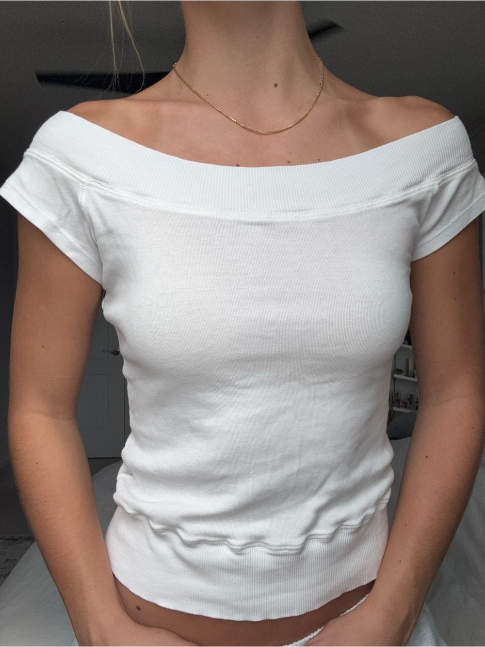 Brandy Melville White Off-Shoulder Ribbed Top